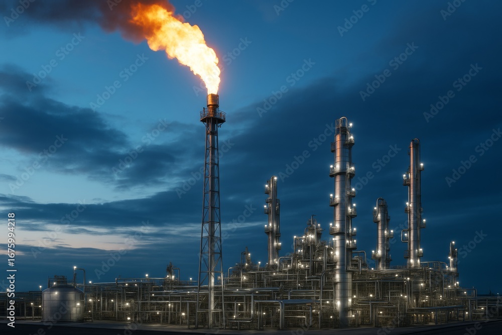 Poster industrial refinery complex with flame stack at dusk under blue cloudy sky showing bright lights and
