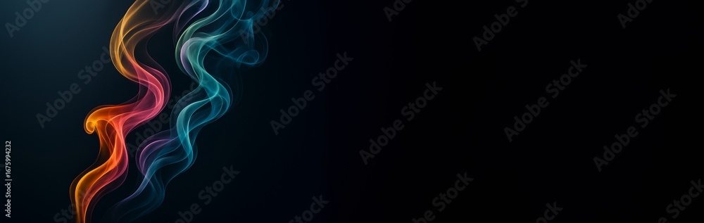 Poster abstract colorful smoke waves on dark background with empty copyspace for banner, poster or design t