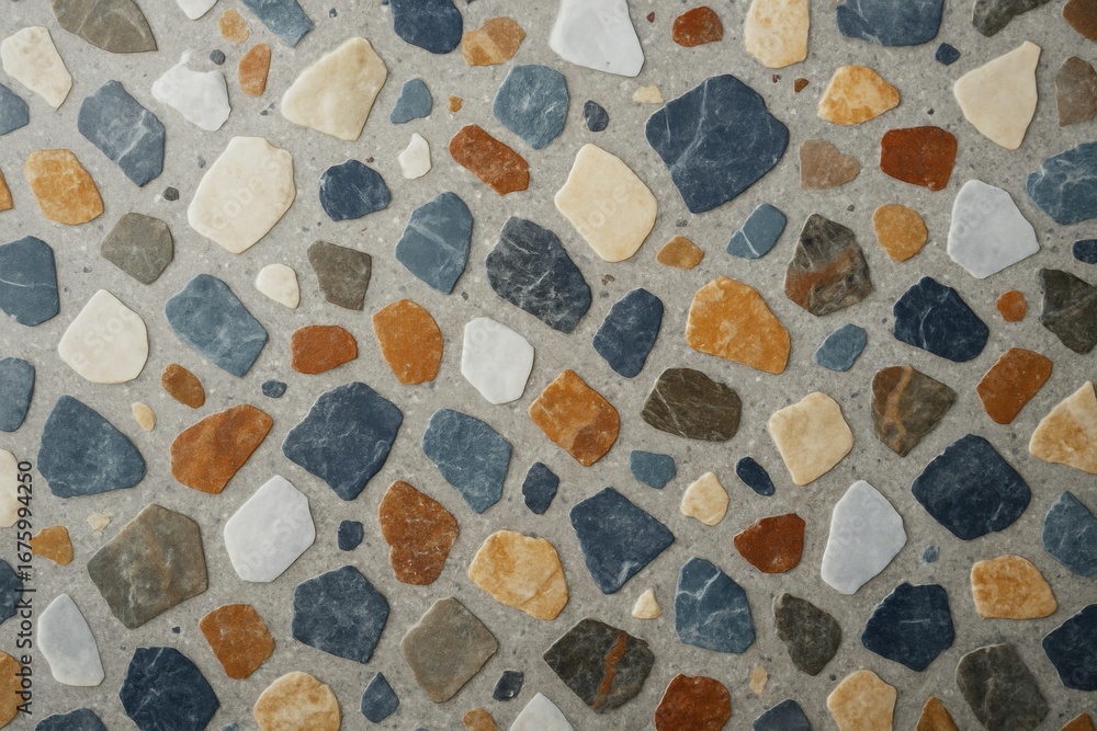Poster colorful terrazzo stone mosaic pattern with various textured fragments on neutral background, creati
