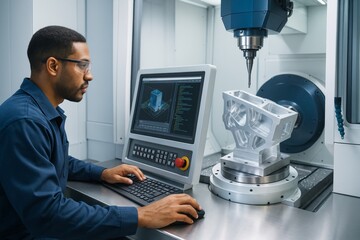 Engineer operating CNC machine using CAD software on computer for precision manufacturing in high-tech industrial environment with bright light.. Ai generative