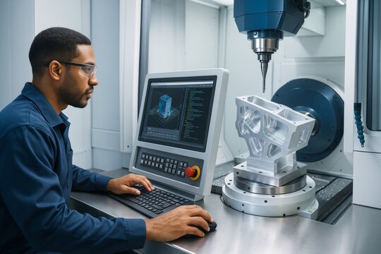 Engineer operating CNC machine using CAD software on computer for precision manufacturing in high-tech industrial environment with bright light.. Ai generative