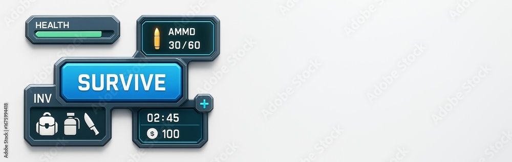 Poster futuristic game interface hud with survival elements including health, ammo, inventory icons on clea