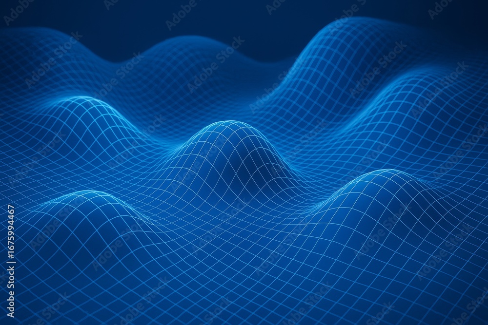 Poster abstract blue grid wave landscape with glowing lines forming 3d surface curves on dark background, f