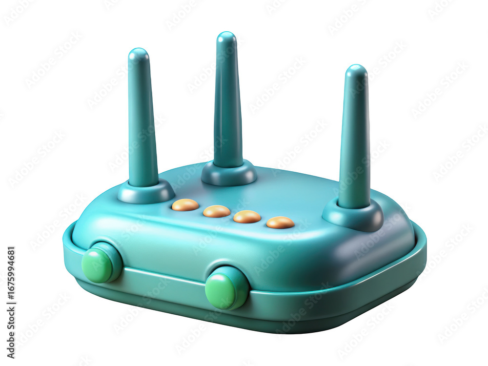 Poster turquoise wireless router with three antennas and buttons for network connectivity and internet acce