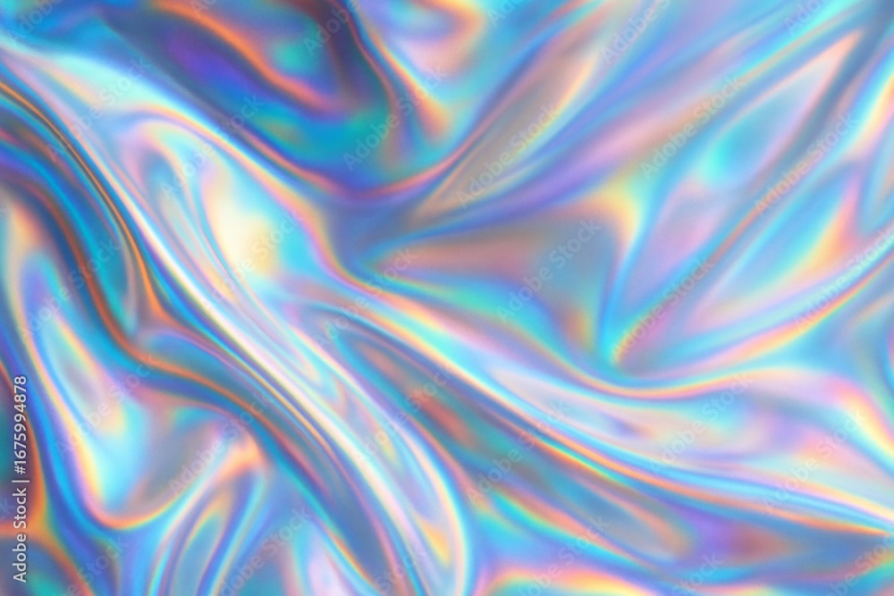 Poster holographic abstract swirl with iridescent fluid waves and colorful light reflections on smooth back