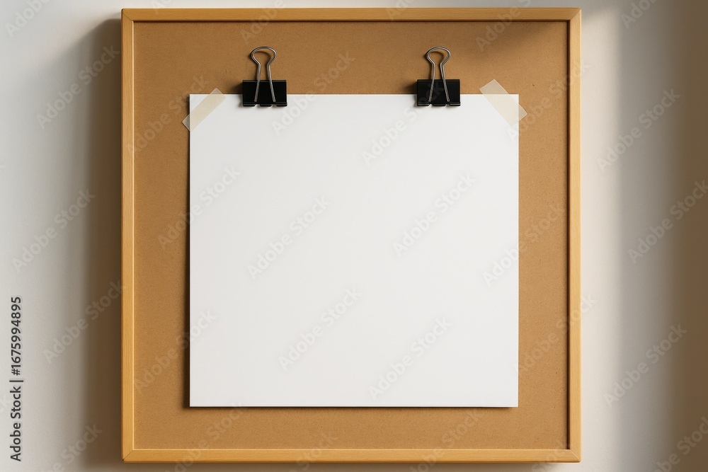 Poster blank white paper clipped on corkboard in wooden frame under soft light on wall background for graph