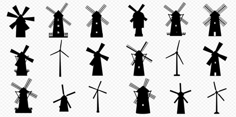 Collection of windmill and wind turbine silhouettes, various designs and sizes.