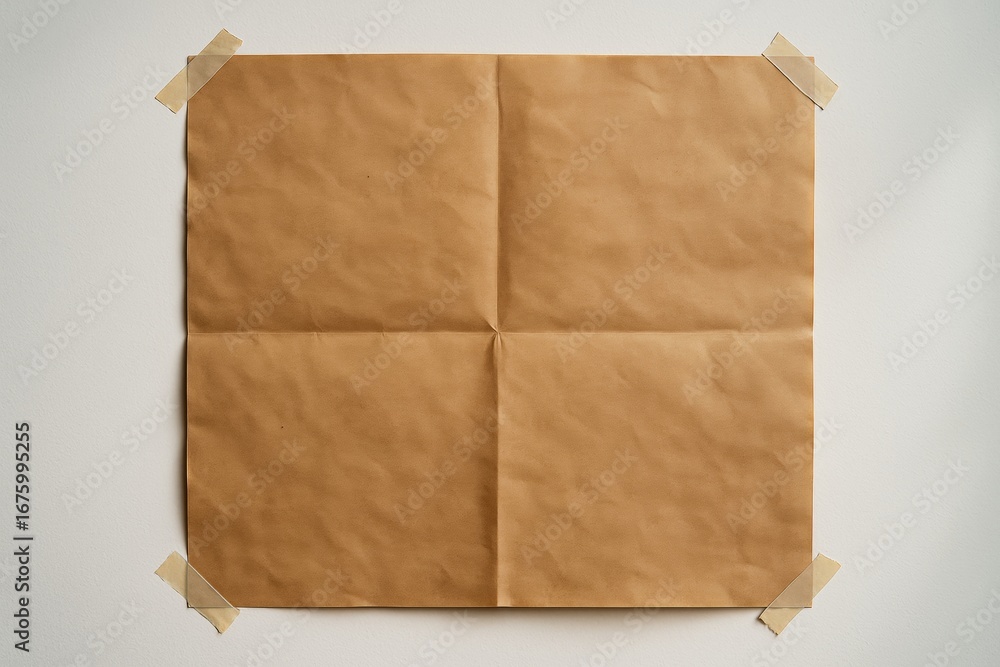 Poster folded brown paper sheet taped on wall as mockup background with copyspace for poster or banner desi