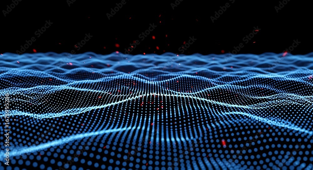 Poster abstract blue digital wave pattern with red particles, tote bag mockup, canvas tote bag mockup, woma
