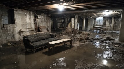 Beautiful photo of high quality photo of a flooded basement with lots of damage.