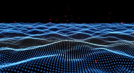 Abstract blue digital wave pattern with red particles
