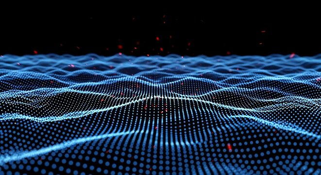 Abstract blue digital wave pattern with red particles