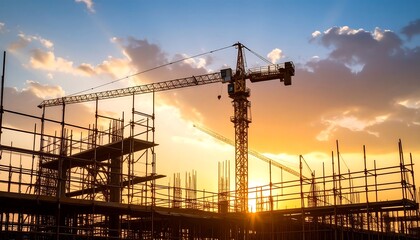 industrial construction site crane scaffolding sunset