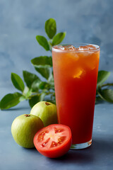Tall plastic cup filled with guava juice on a textured surface with vibrant green leaves and a refreshing tropical drink backdrop