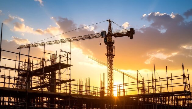 industrial construction site crane scaffolding sunset - Powered by Adobe