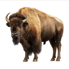 American bison standing side view looking at the camera isolated on a white background with a clipping path Fullbody portrait of an American buffalo Photorea