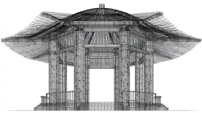 Wireframe rendering of a pagoda-like structure with multi-tiered curved roof