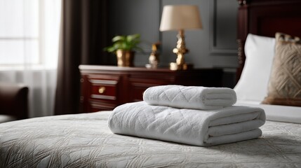 Beautiful photo of "Freshly folded white towels neatly placed on a beautifully made bed in a luxury hotel room, elegant classic interior with soft natural lighting.