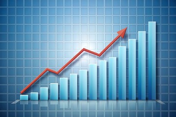 A blue bar graph with a red arrow showing upward trend and growth on a grid background