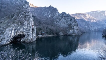 Matka Macedonia - A Calm river between high rocky cliffs in winter.