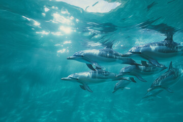 Groupe de dauphins nageant dans une eau turquoise cristalline