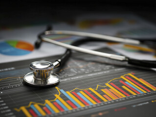Image shows stethoscope placed top of financial charts and graphs, with colorful data visualizations and medical documents background