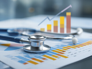 Stethoscope placed on medical charts and graphs showing upward growth and data analysis, symbolizing healthcare progress and medical research