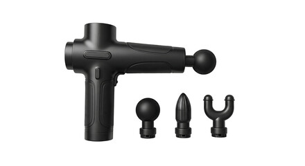Black Percussion Massage Gun And Interchangeable Heads For Athletes Recovery On White Background
