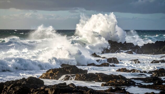 Ocean Waves Crashing on Rocky Shoreline