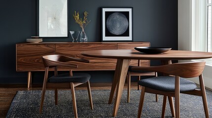 Wooden dining set with dark gray upholstery.