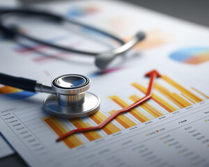 Medical data charts with stethoscope and red upward arrow indicating growth or progress in healthcare or medical analysis