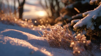 Sunset over snow-covered landscape with glowing plants and trees.