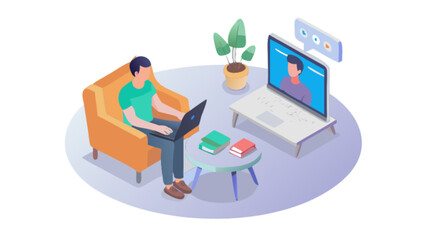 Connect remotely with coworkers during virtual meetings and work from home in comfort, enjoying a relaxed atmosphere with a laptop, books, and houseplant nearby
