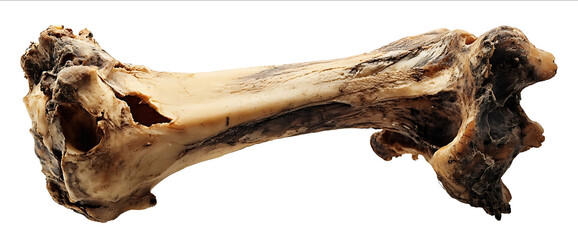 Photograph of a dried meat bone on a white background with no shadow beneath it The photograph is taken from the side with the entire piece visible