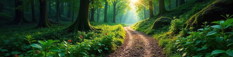 Obraz premium A winding mountain trail disappears into a lush forest, sunlight dappling through the canopy onto the path ahead Perfect for adventure and nature-themed projects , vibrant, trees, tranquil