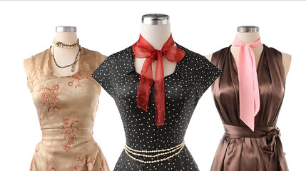 Three vintage dresses on mannequins isolated against a white background a black polka dot dress with a red bow and pearls in the middle a beige patterned gow