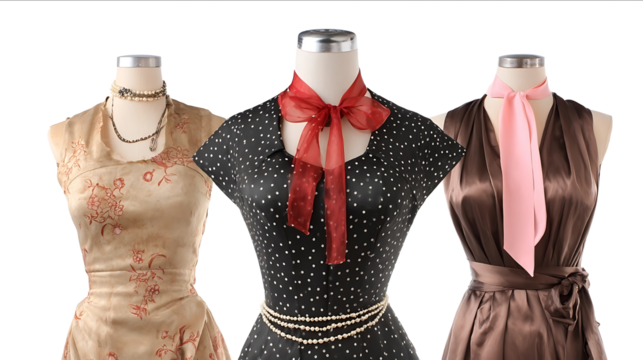 Three vintage dresses on mannequins isolated against a white background a black polka dot dress with a red bow and pearls in the middle a beige patterned gow