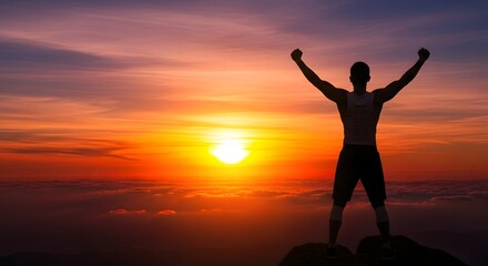 Victory success concept with man silhouette on mountain top, sunrise sky symbolizing achievement and freedom