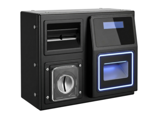 Vending machine payment module with scanner and cash slots on a transparent background