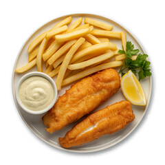 Battered Fish and Chips with Tartar Sauce and Lemon Wedge isolated on a transparent background
