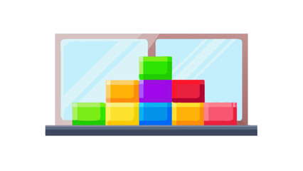 Vibrant colorful building blocks stacked playfully on a shelf near a window, promoting creativity and learning through play, perfect for educational materials and childhood development resources