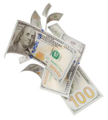 Randomly Falling U.S. 100 Dollar Bills on a Transparent Background. Transparent PNG.