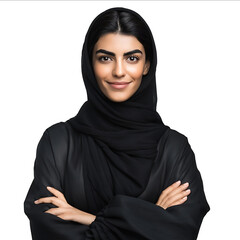 A realistic photograph of an Emirati woman wearing a black abaya isolated on a white background She is smiling and looking at the camera with her arms crosse