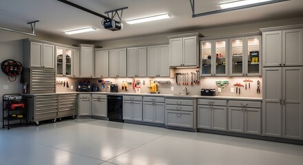 Organized Garage with Custom Storage Cabinets.
