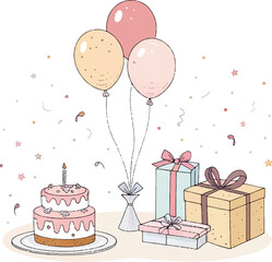 Birthday Cake with Gifts and Balloons in Festive Celebration
