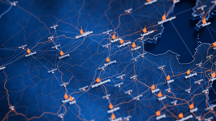 Baoding map big data visualization. Futuristic map infographic of city in China. Visual map data complexity in modern blue and orange colors