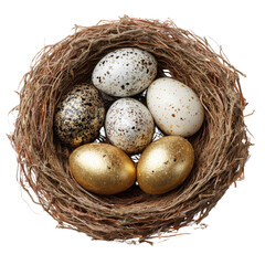 Obraz premium Nest with Beautifully Decorated Eggs in Natural Nesting Material for Spring Celebration and Easter Festivities