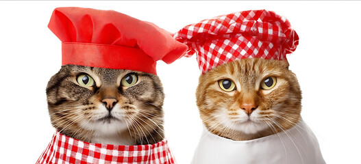 Two cats wearing chefs hats and aprons isolated on a white background Real photograph