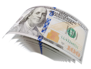 Abstract Set of Falling Collection of U.S. 100 Dollar Bills on a Transparent Background. Transparent PNG.