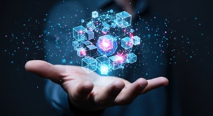 Hand holding a glowing cube structure with digital particles and light